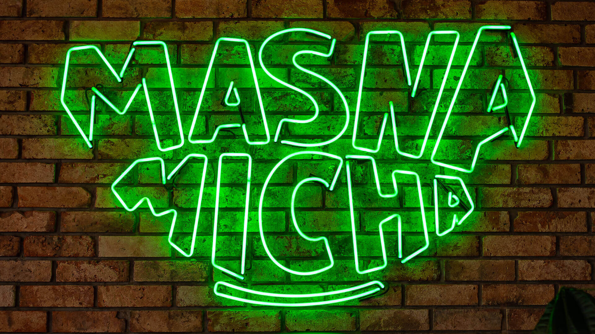 Neon sign for Masna Micha restaurant in Gdansk, inside the premises.